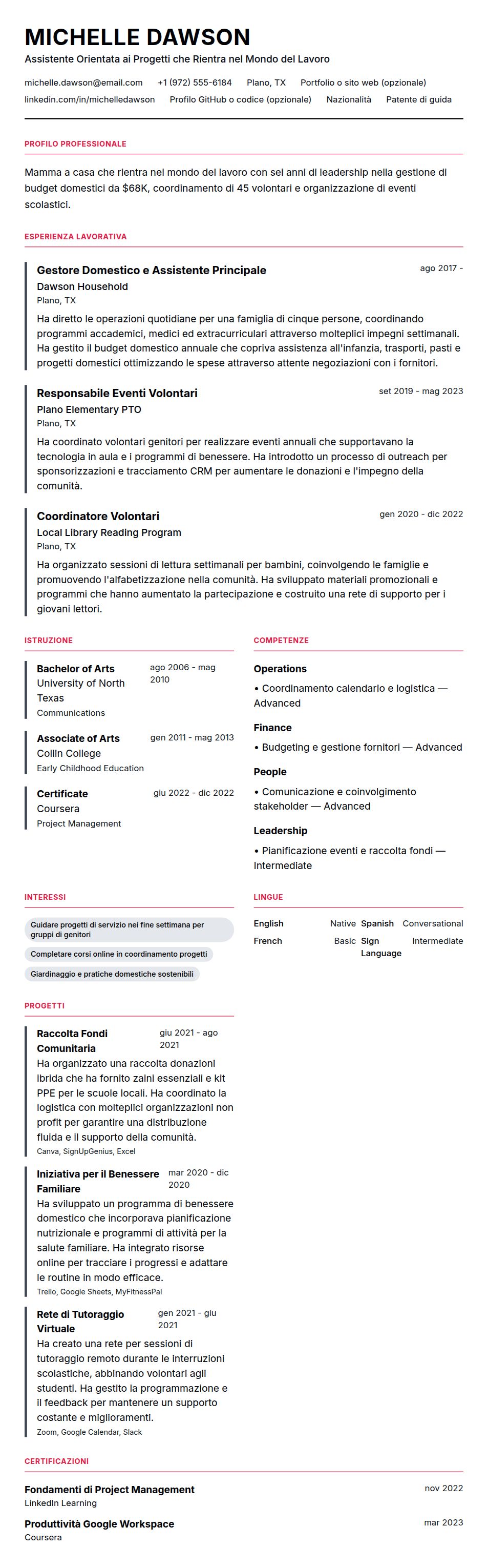 Anteprima del curriculum Esempio di Curriculum per Mamma a Casa