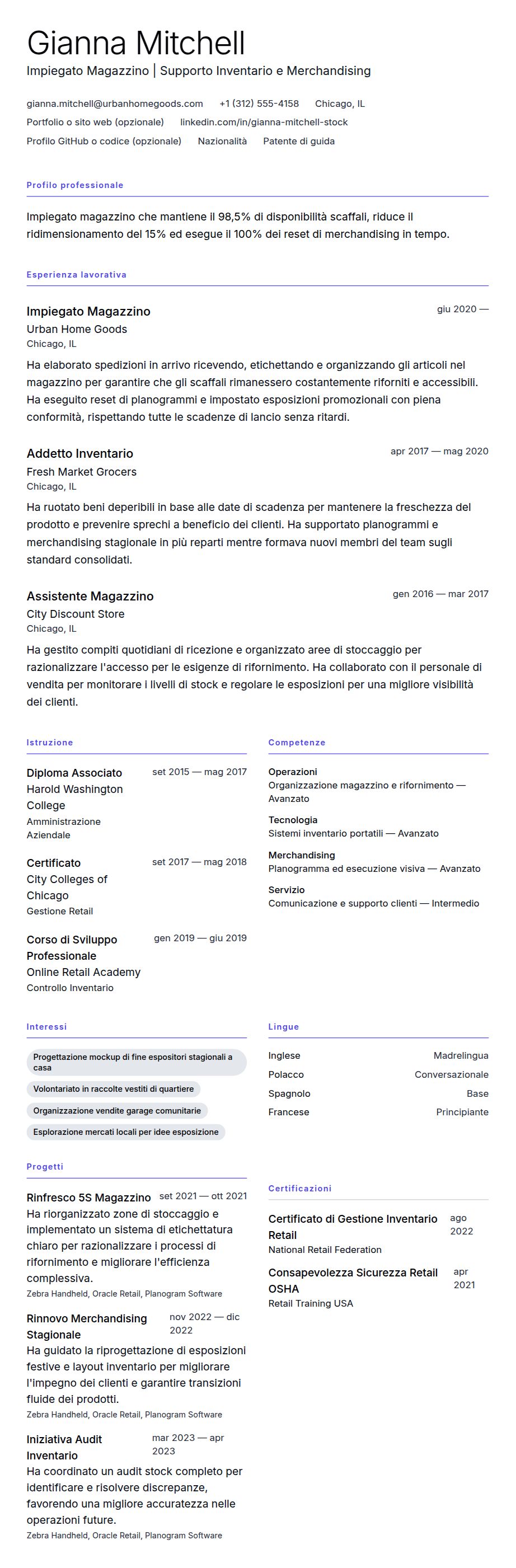 Anteprima del curriculum Esempio di Curriculum Vitae per Impiegato Magazzino