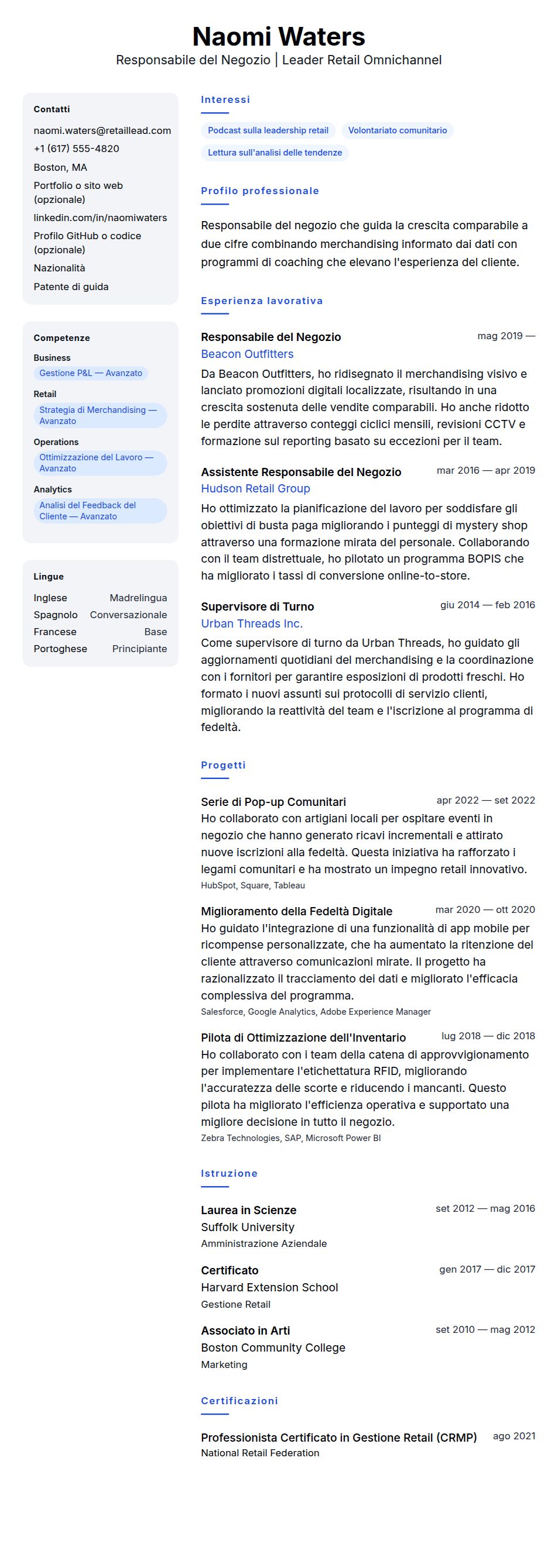 Anteprima del curriculum Esempio di Curriculum Vitae per Responsabile del Negozio