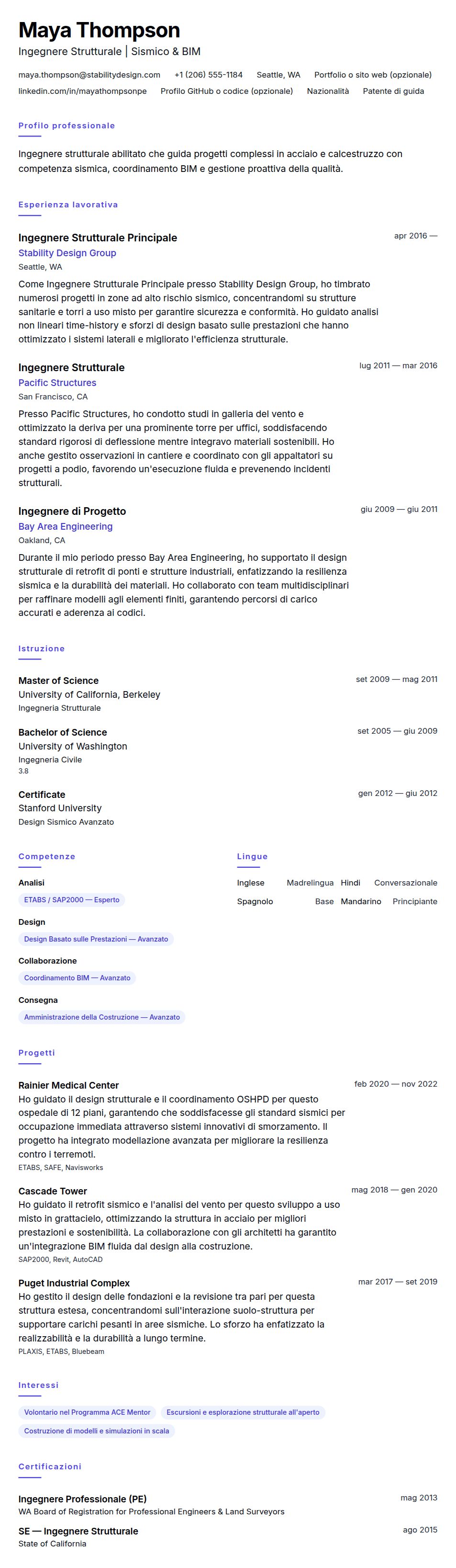 Esempio di Curriculum Vitae per Ingegnere Strutturale