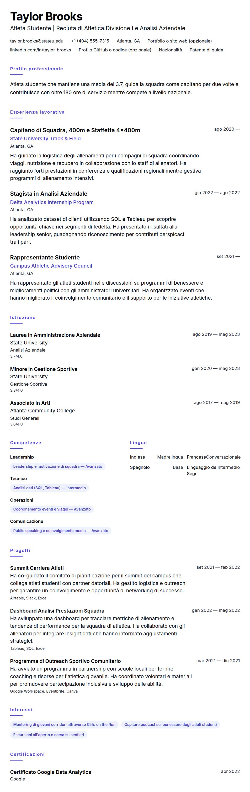 Anteprima del curriculum Esempio di Curriculum Atleta Studente