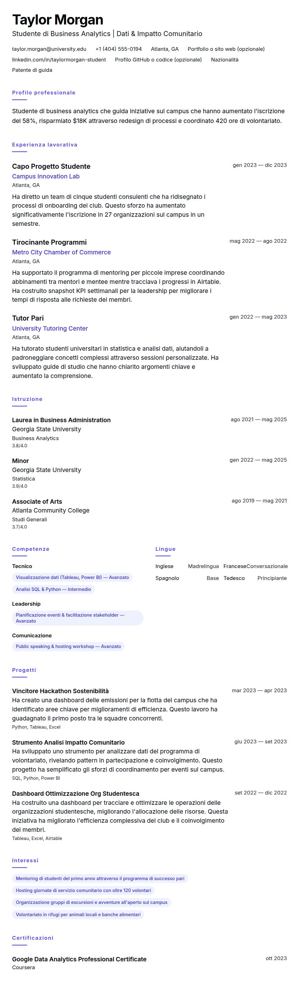 Esempio di Curriculum Studente