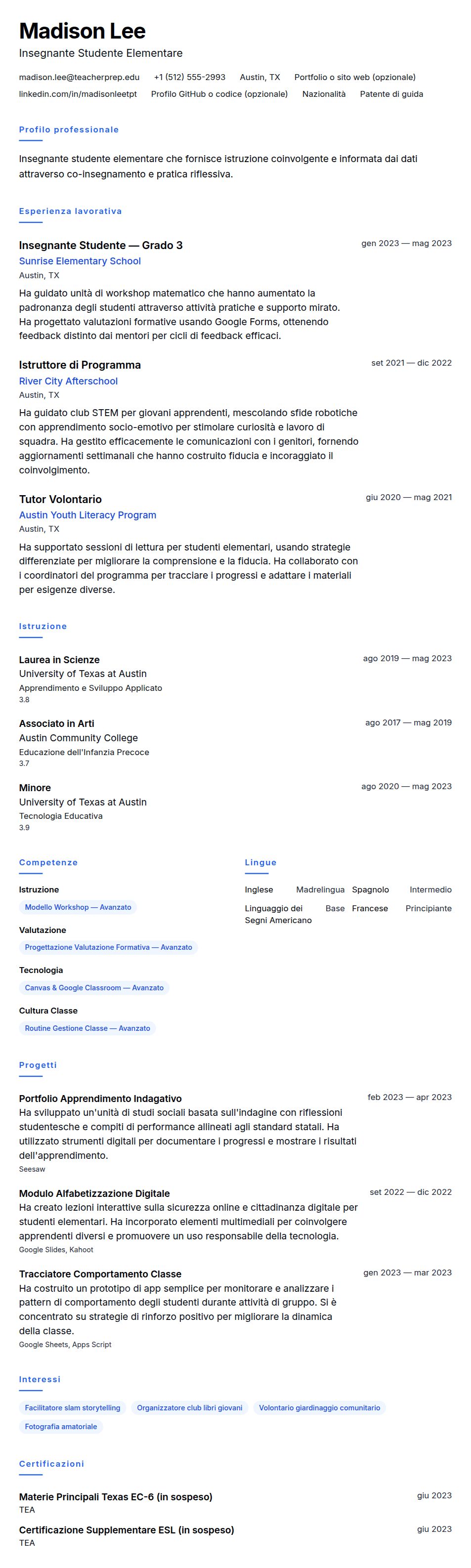 Anteprima del curriculum Esempio di Curriculum per Insegnante Studente