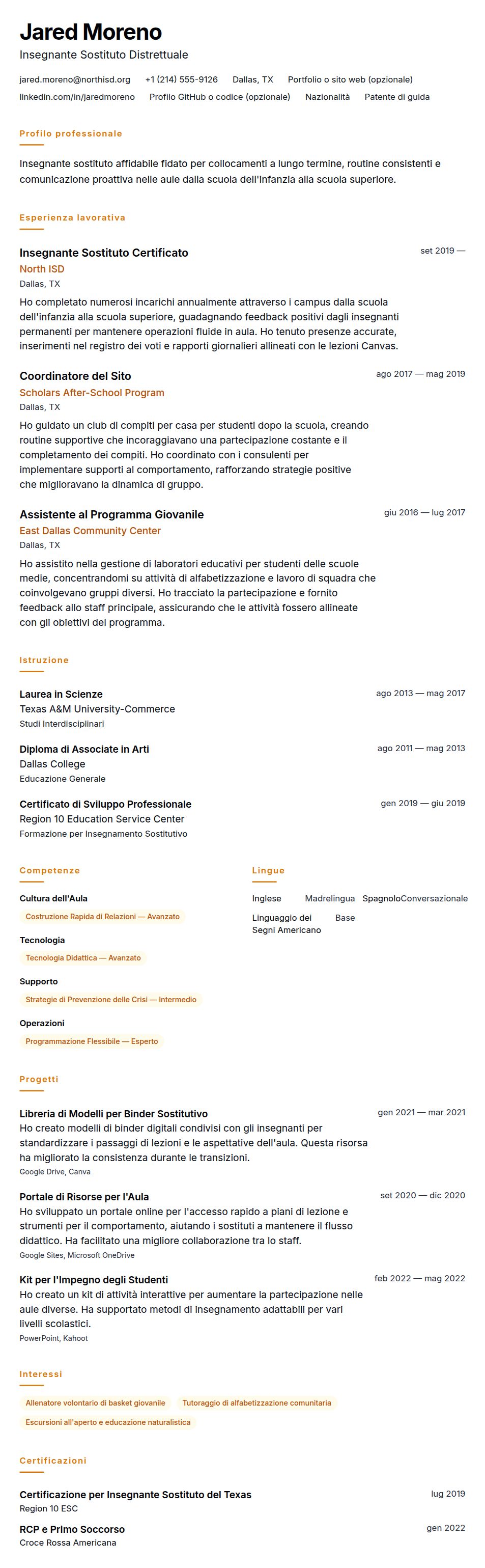 Anteprima del curriculum Esempio di Curriculum per Insegnante Sostituto