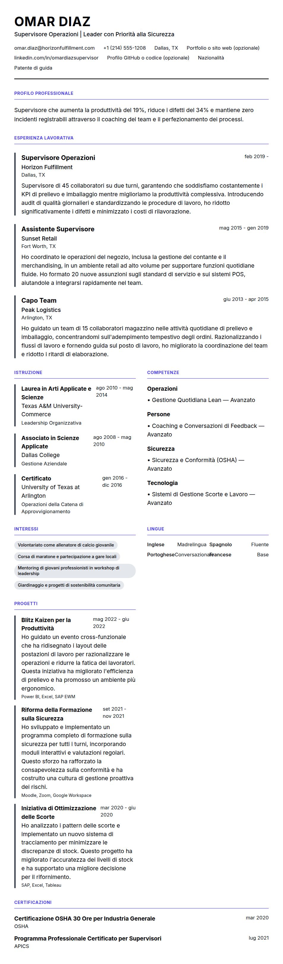 Anteprima del curriculum Esempio di Curriculum Supervisore