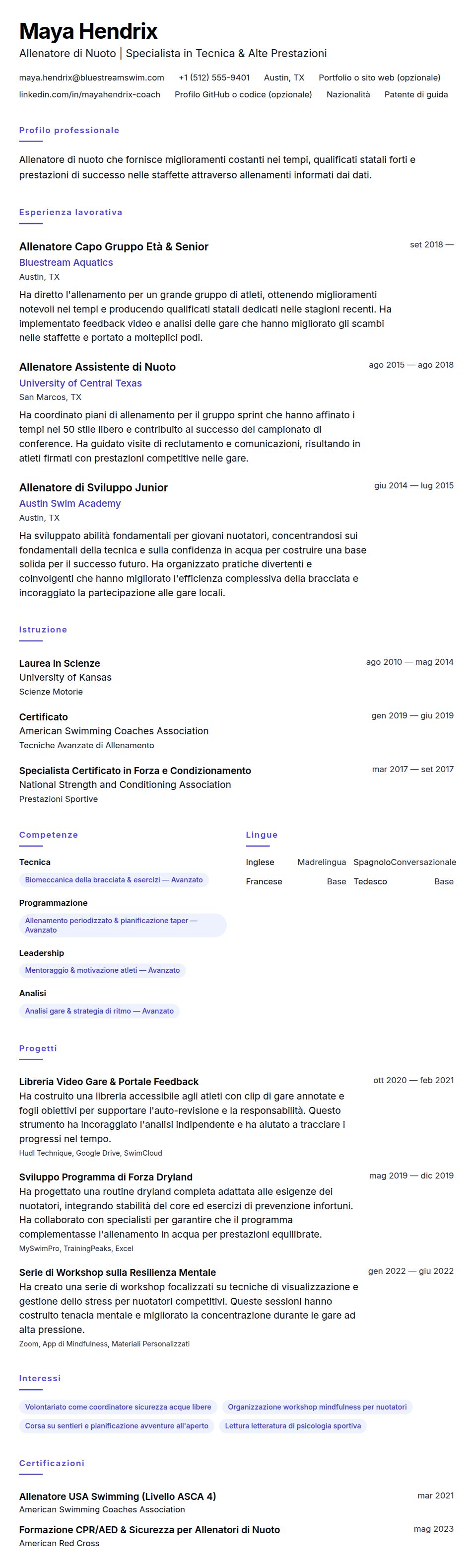 Anteprima del curriculum Esempio di Curriculum Allenatore di Nuoto