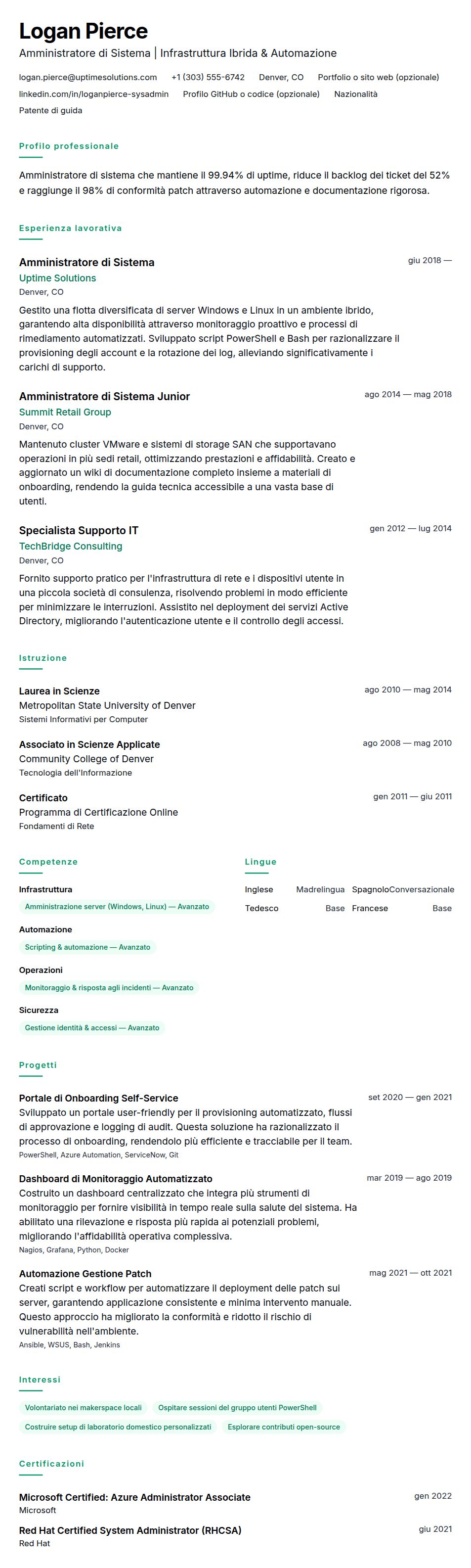 Anteprima del curriculum Esempio di Curriculum Amministratore di Sistema