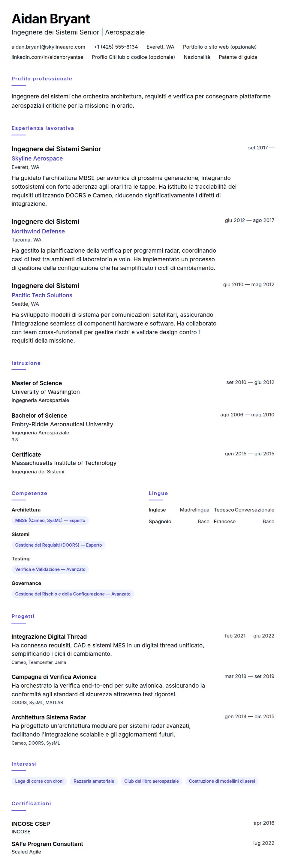 Anteprima del curriculum Esempio di Curriculum per Ingegnere dei Sistemi