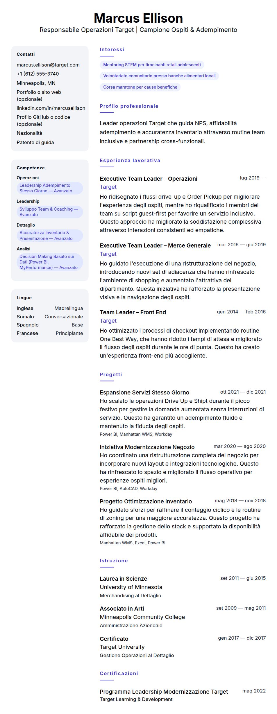 Anteprima del curriculum Esempio di Curriculum Responsabile Operazioni Target