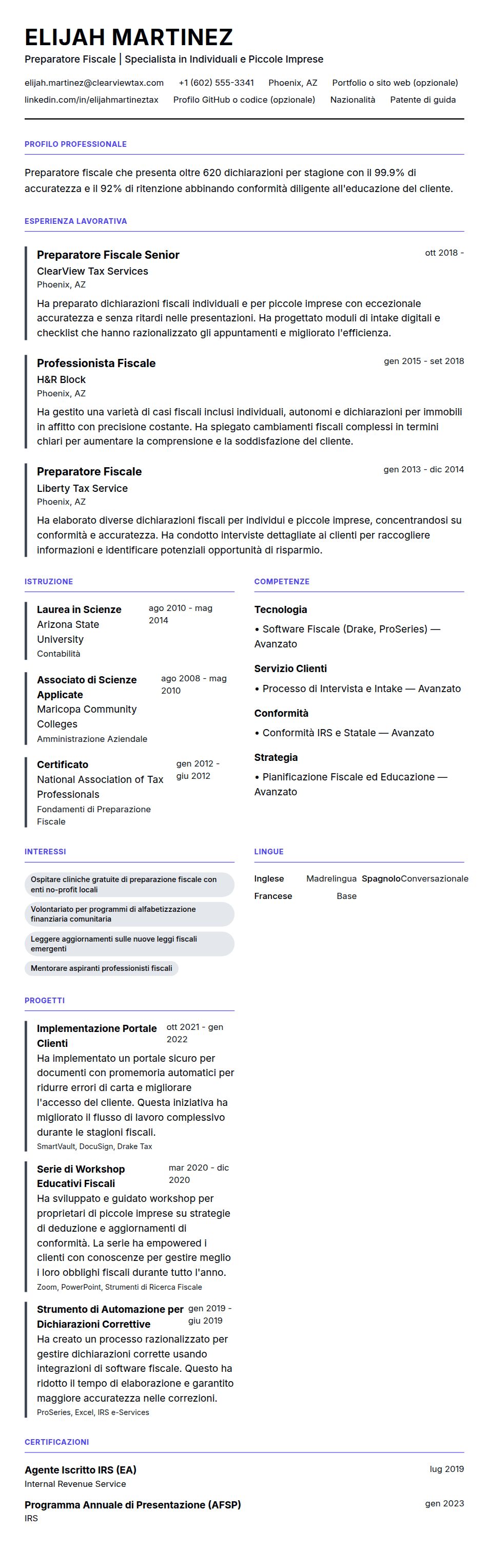 Anteprima del curriculum Esempio di Curriculum Vitae per Preparatore Fiscale