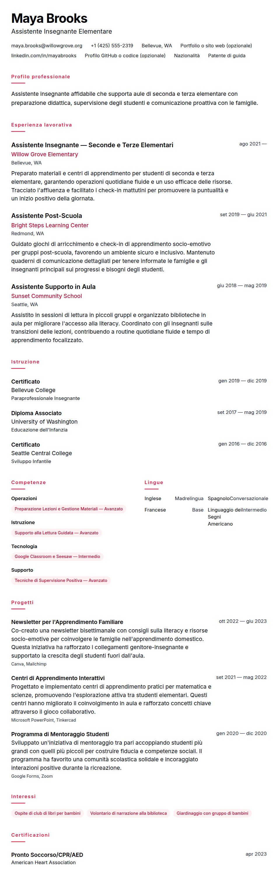 Anteprima del curriculum Esempio di Curriculum per Assistente Insegnante