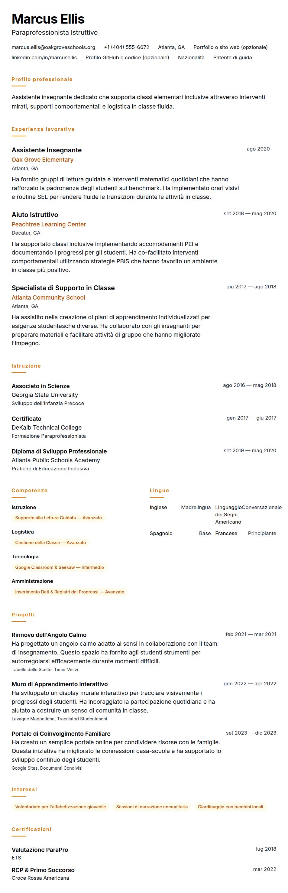 Anteprima del curriculum Esempio di Curriculum per Assistente Insegnante