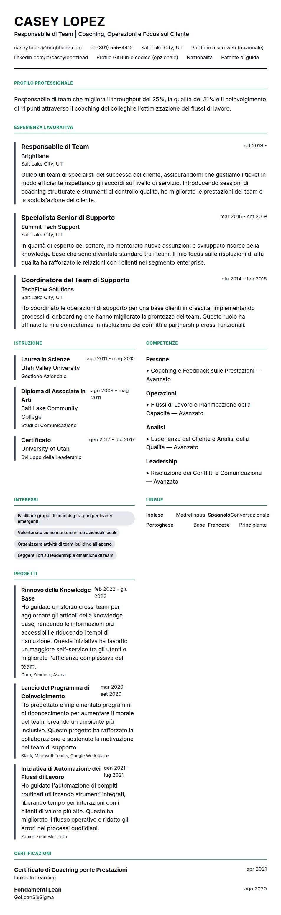 Anteprima del curriculum Esempio di Curriculum Responsabile di Team