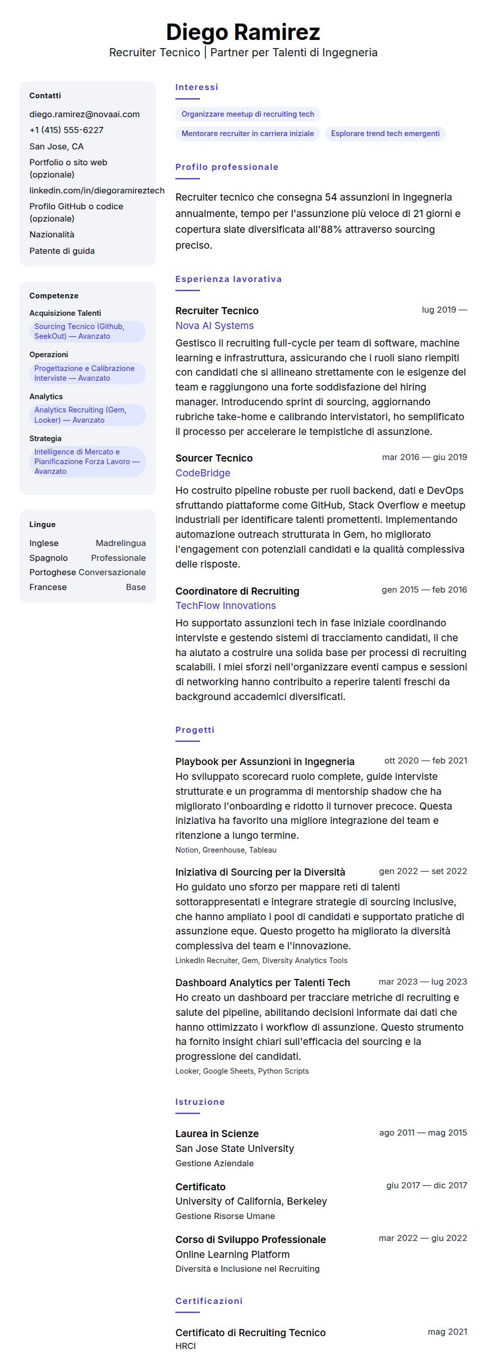 Anteprima del curriculum Esempio di Curriculum Recruiter Tecnico