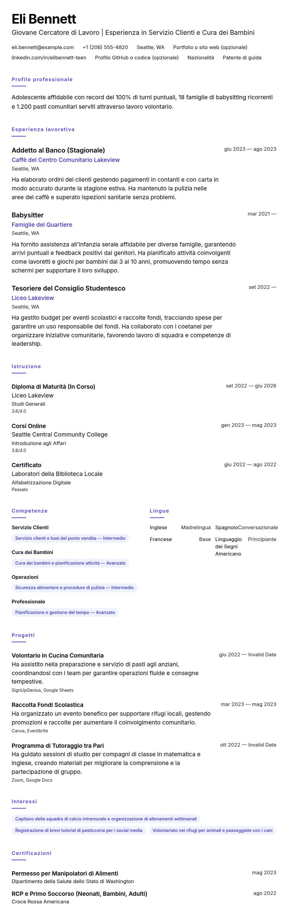 Anteprima del curriculum Esempio di Curriculum per Giovani Cercatori di Lavoro