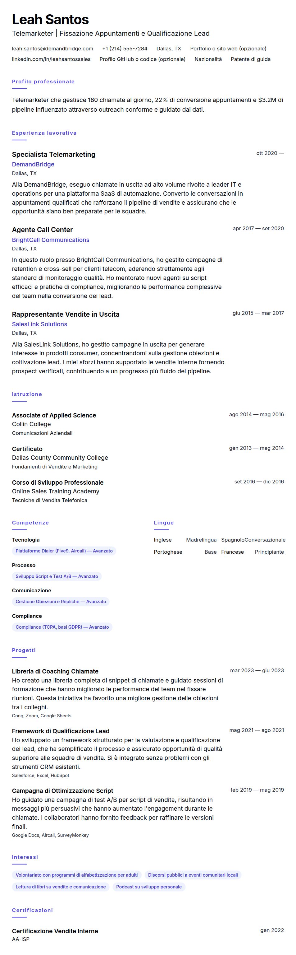 Anteprima del curriculum Esempio di Curriculum Vitae per Telemarketer