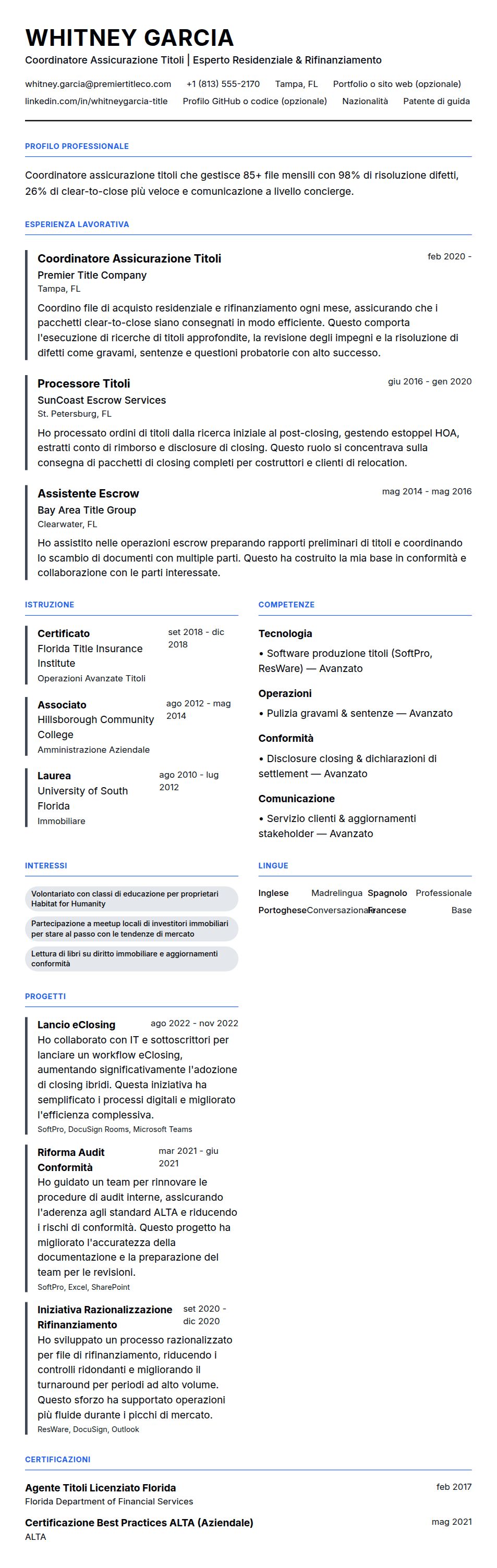 Anteprima del curriculum Esempio di Curriculum Coordinatore Assicurazione Titoli