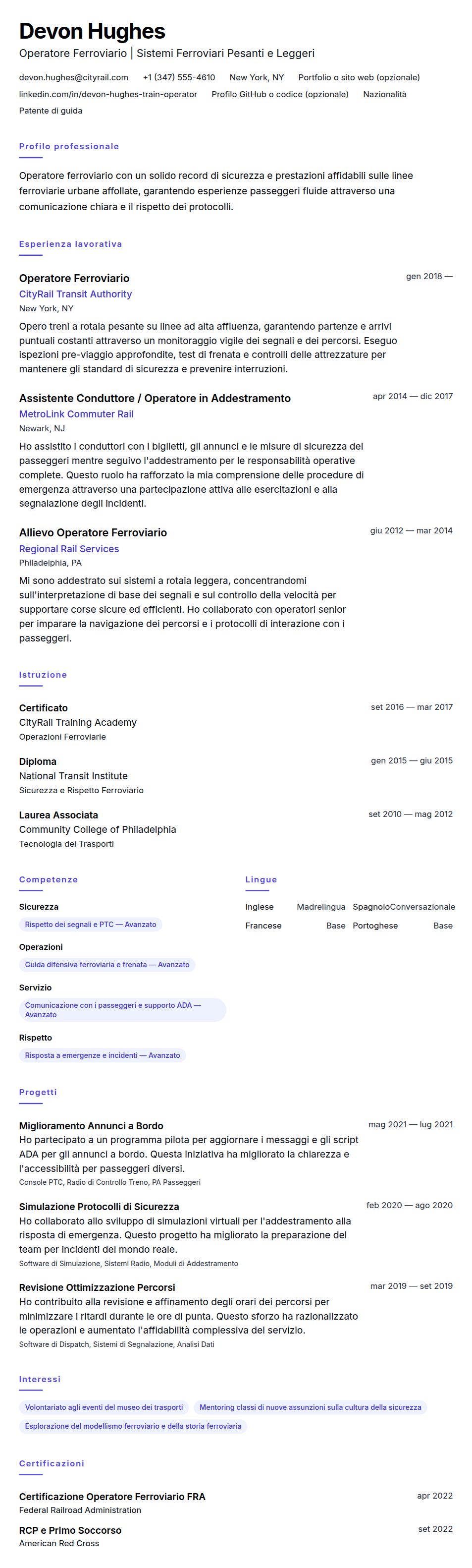 Anteprima del curriculum Esempio di Curriculum Operatore Ferroviario