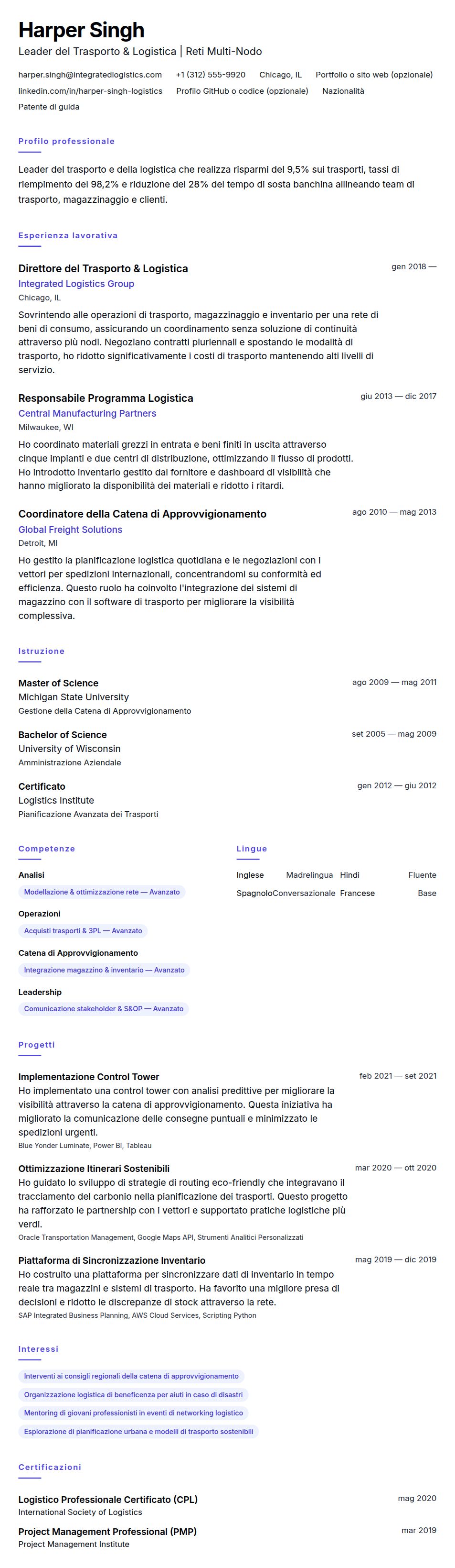Anteprima del curriculum Esempio di Curriculum per Professionista del Trasporto e della Logistica