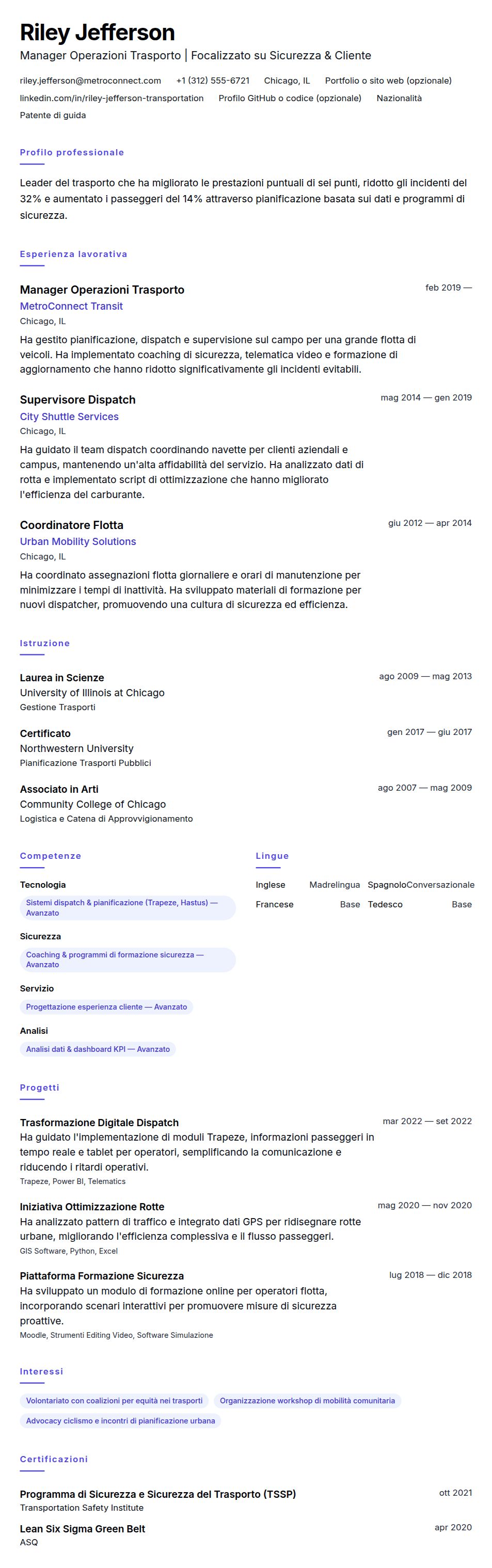 Esempio di Curriculum Vitae per Professionista del Trasporto