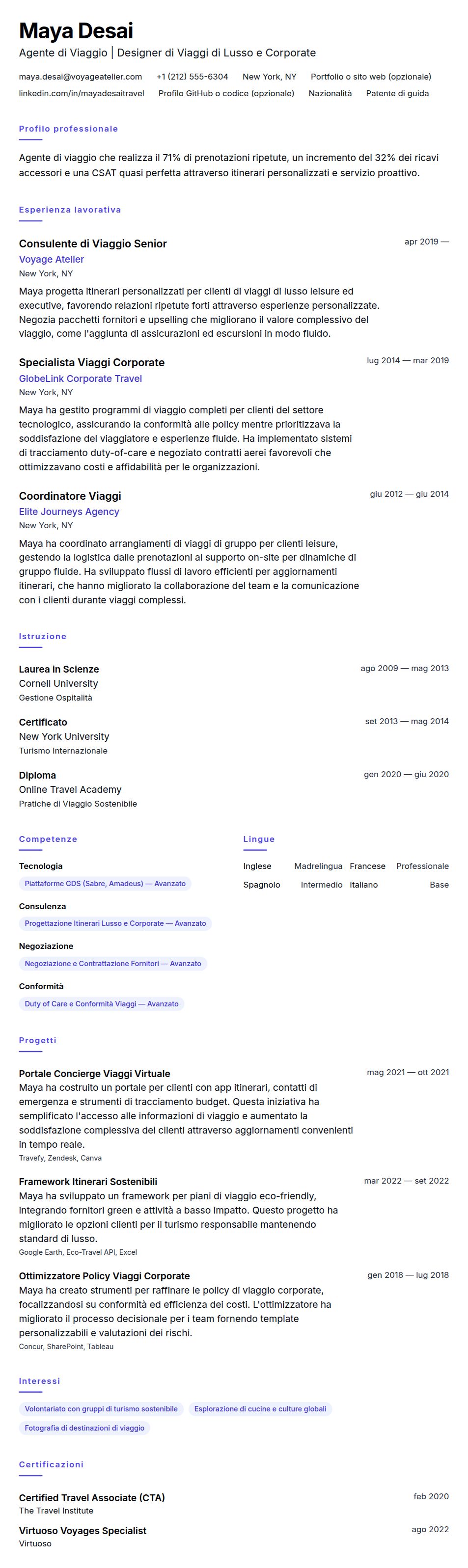 Anteprima del curriculum Esempio di Curriculum Agente di Viaggio