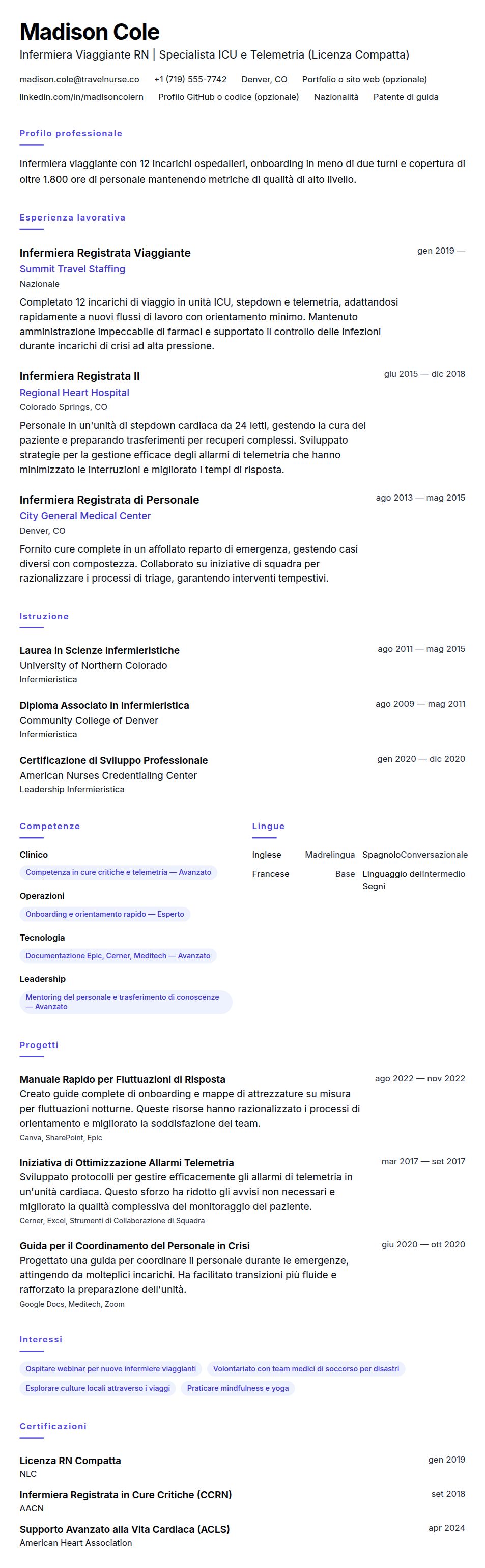 Anteprima del curriculum Esempio di Curriculum per Infermiere Viaggiante