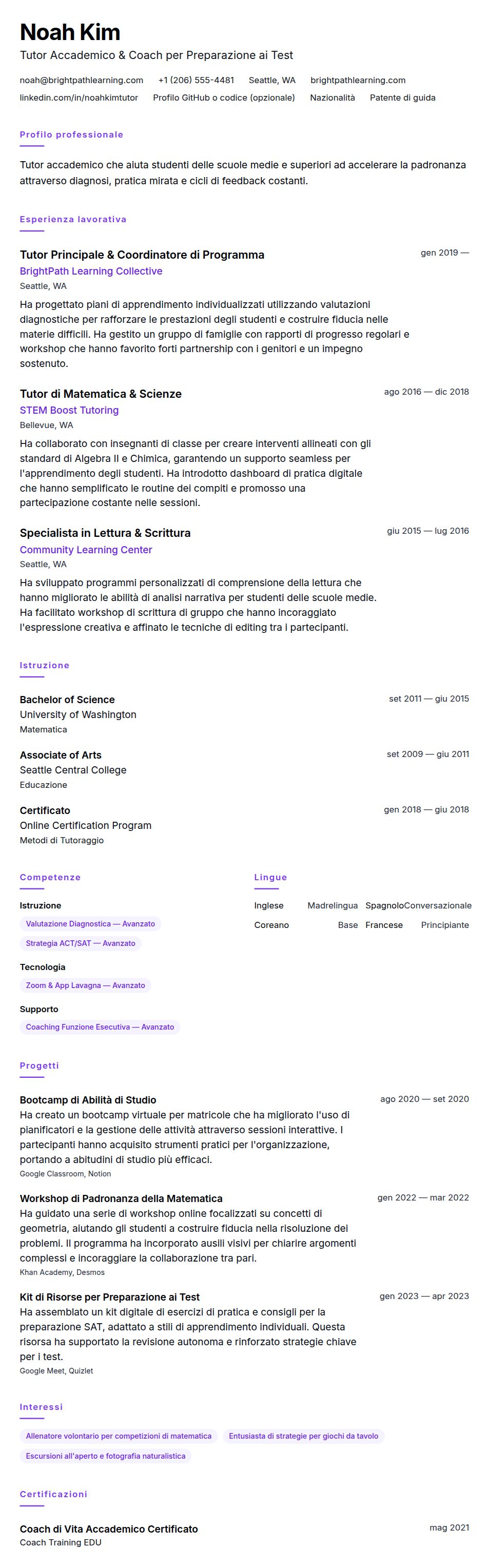 Esempio di Curriculum per Tutor
