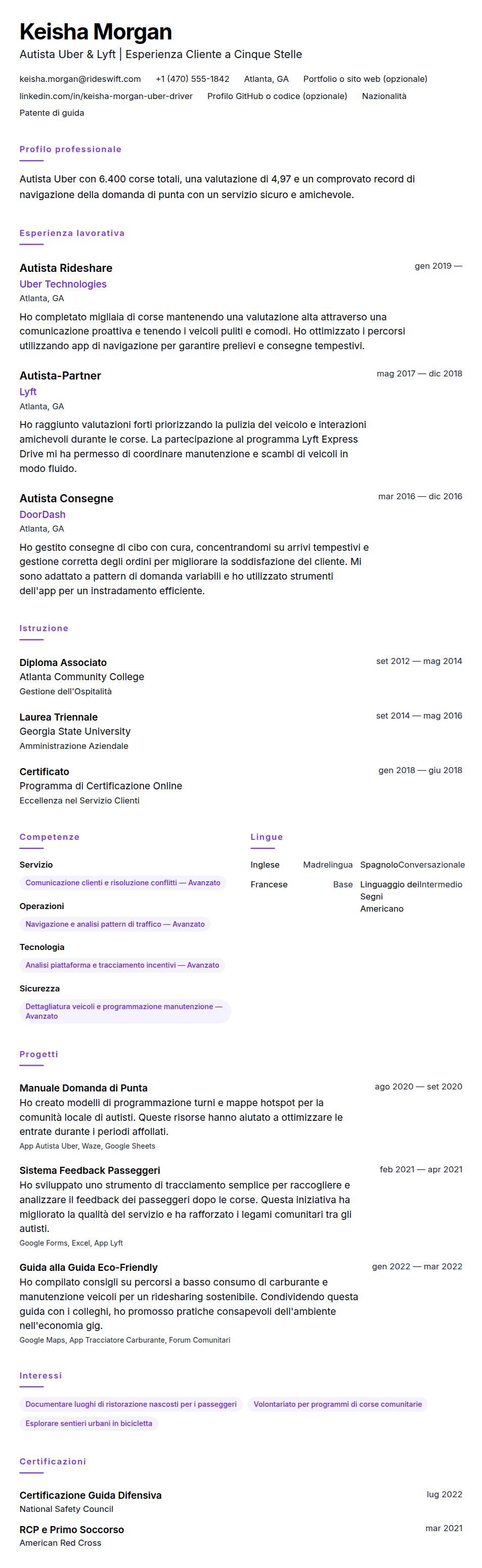 Esempio di Curriculum Autista Uber