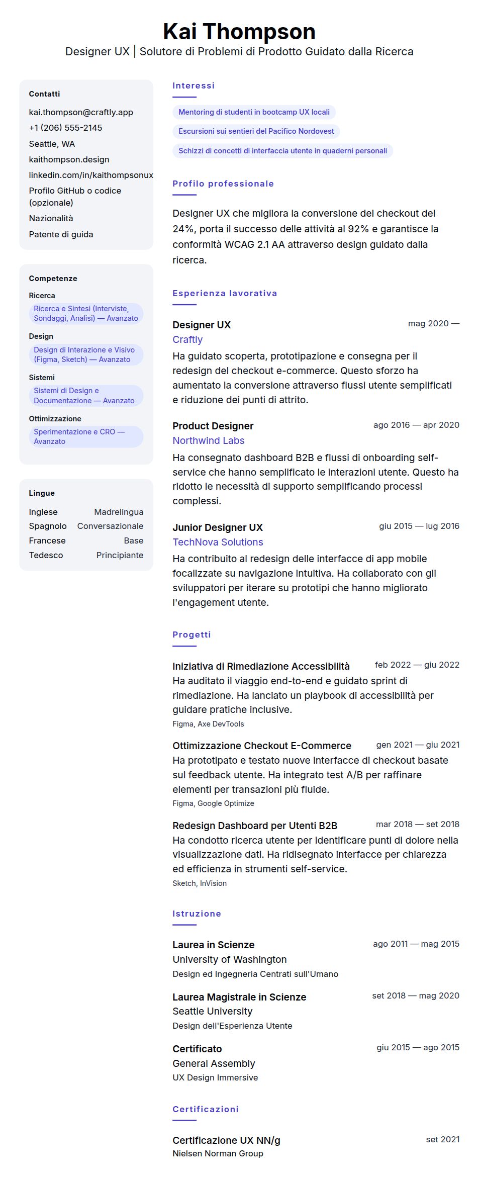 Anteprima del curriculum Esempio di Curriculum Vitae per Designer UX