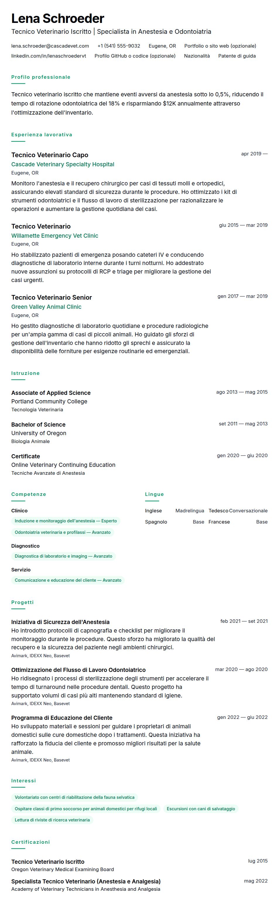 Anteprima del curriculum Esempio di Curriculum per Tecnico Veterinario