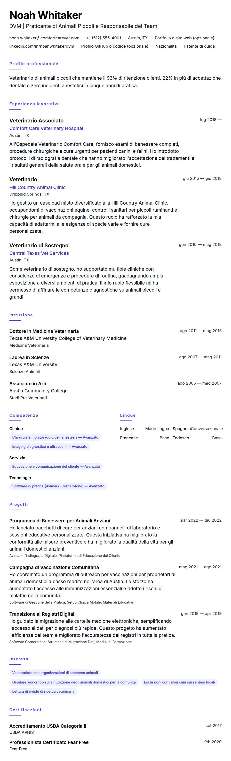Anteprima del curriculum Esempio di Curriculum Vitae per Veterinario