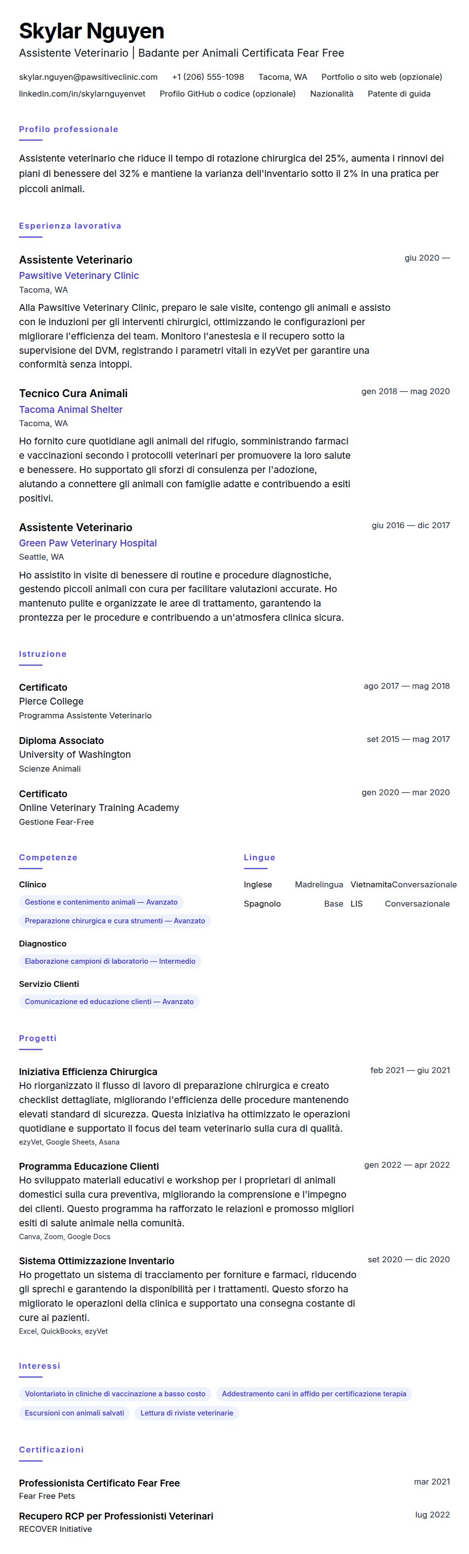 Anteprima del curriculum Esempio di Curriculum Assistente Veterinario