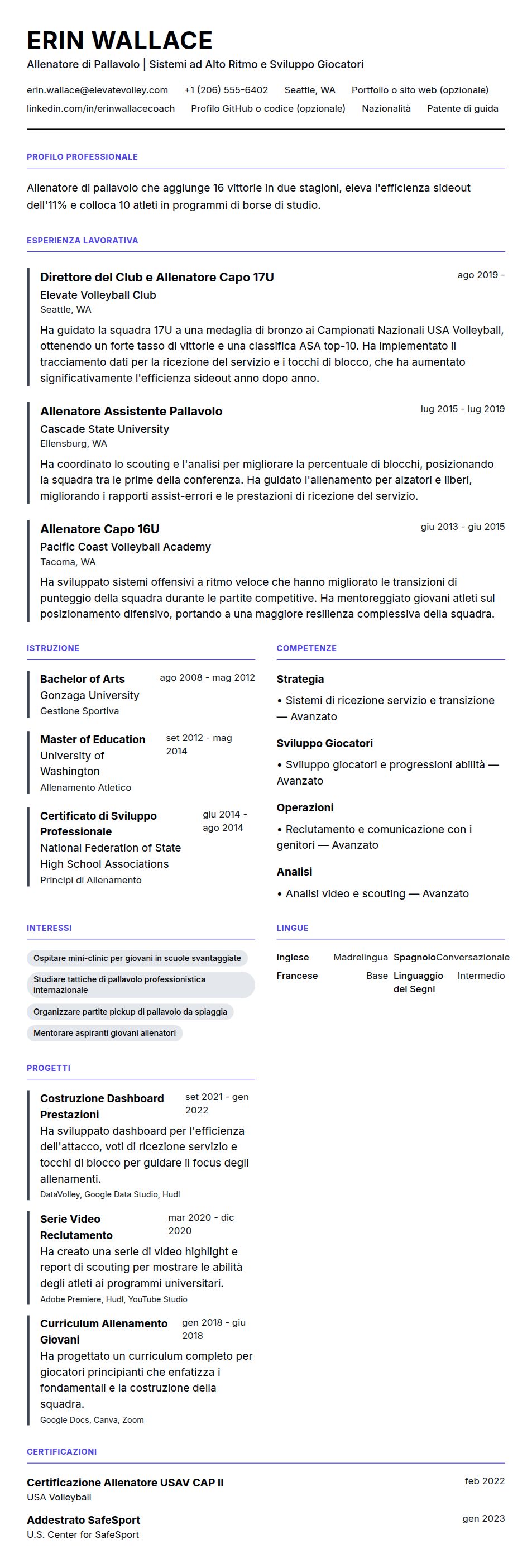Anteprima del curriculum Esempio di Curriculum Allenatore di Pallavolo