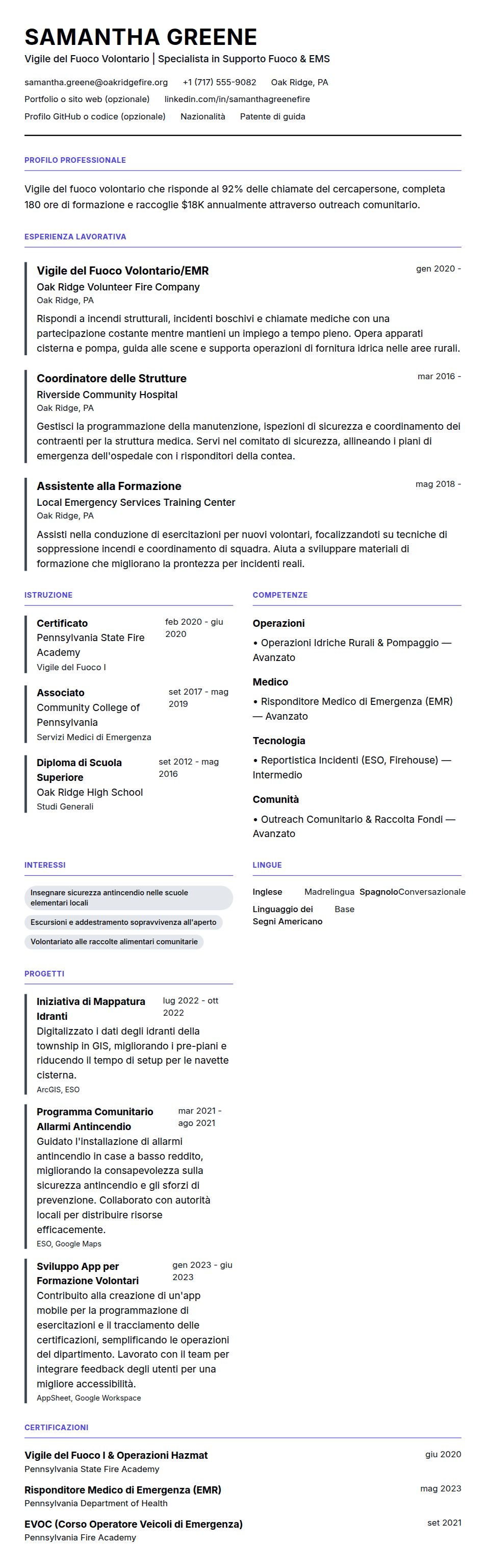 Esempio di Curriculum Vitae per Vigile del Fuoco Volontario