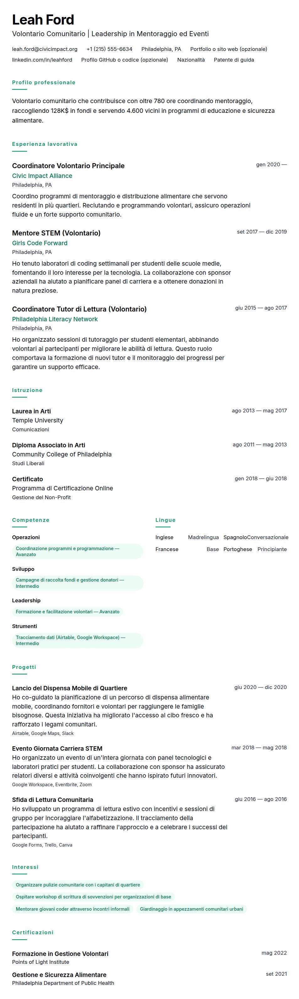 Anteprima del curriculum Esempio di Curriculum Vitae per Volontario