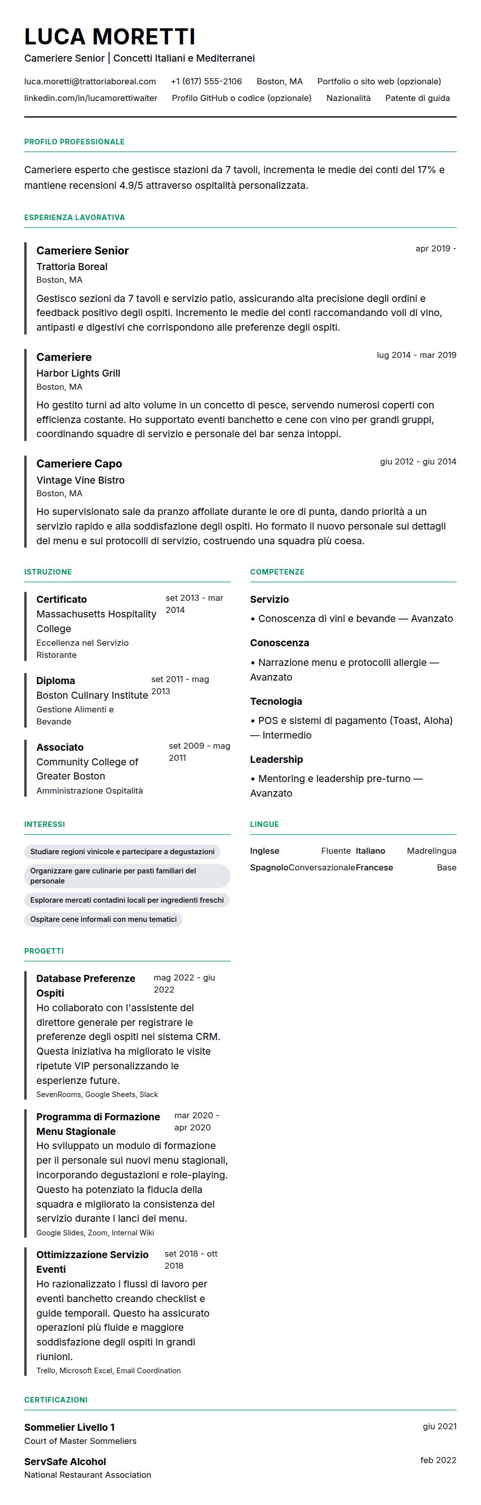 Anteprima del curriculum Esempio di Curriculum Cameriere