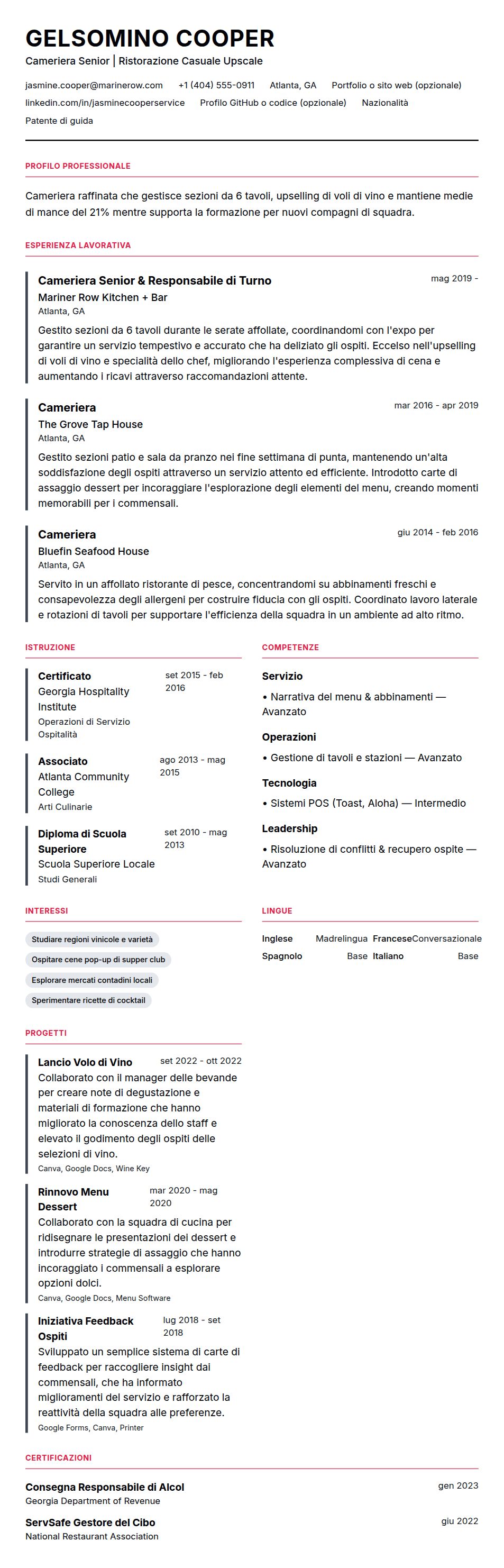 Anteprima del curriculum Esempio di Curriculum per Cameriera