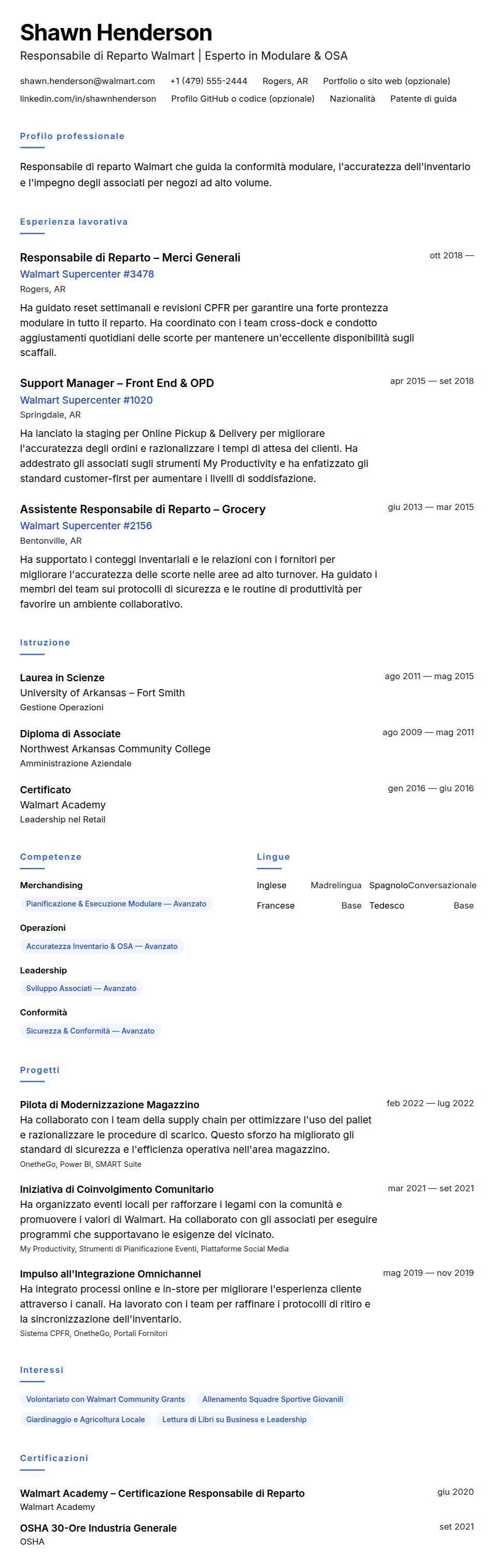 Anteprima del curriculum Esempio di Curriculum per Responsabile di Reparto Walmart
