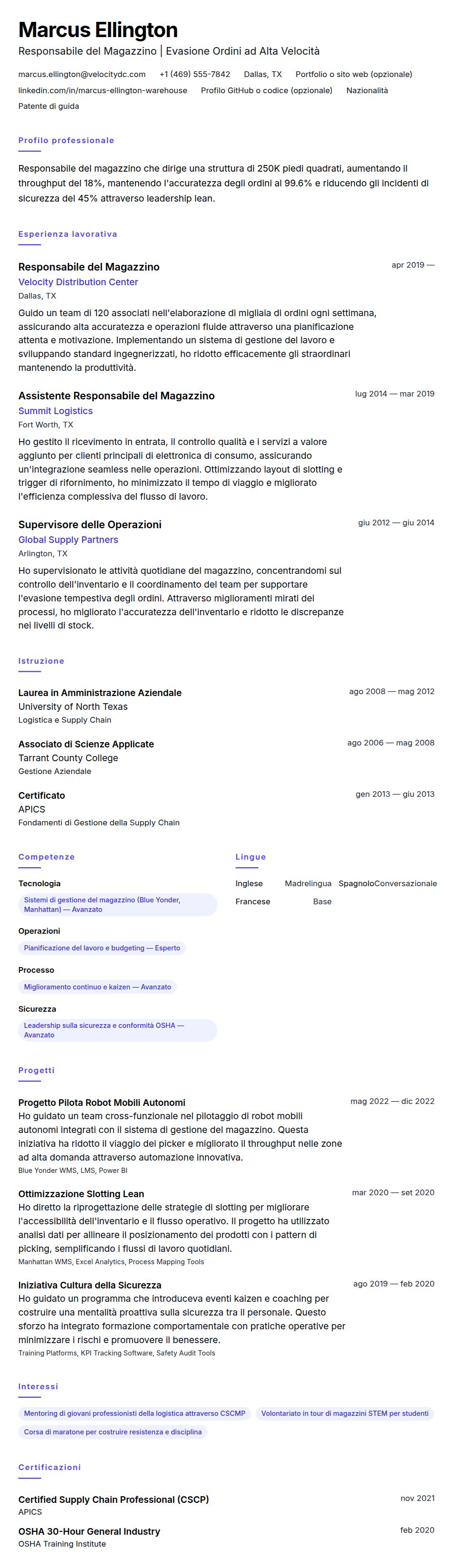 Anteprima del curriculum Esempio di Curriculum per Responsabile del Magazzino