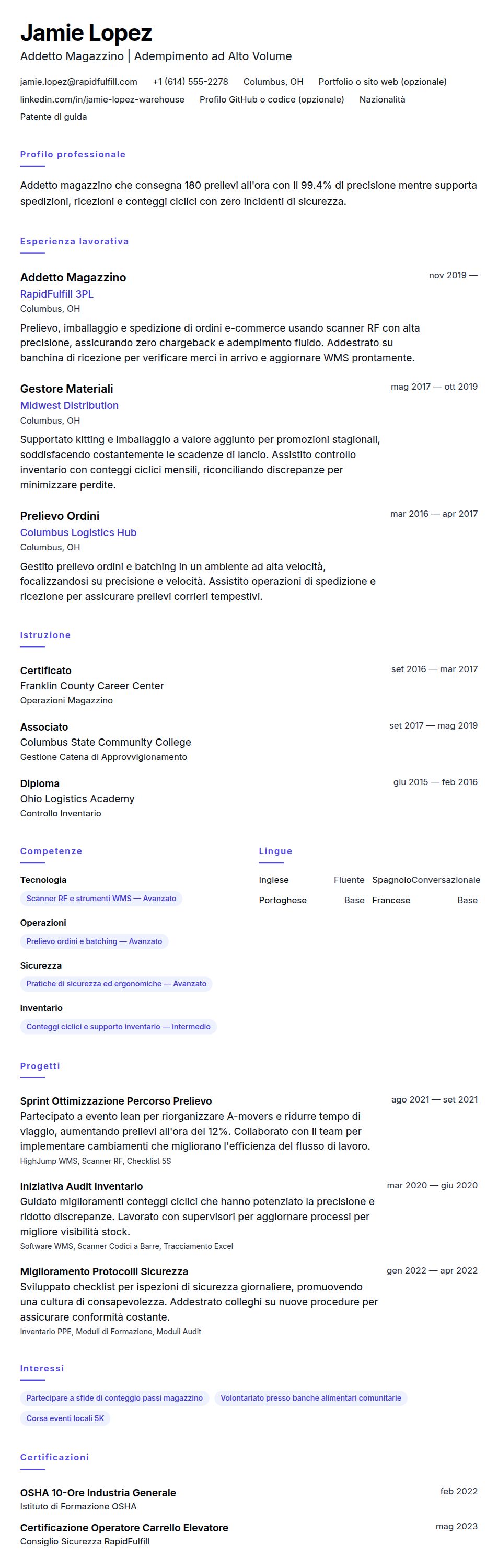 Anteprima del curriculum Esempio di Curriculum per Lavoratore Magazzino