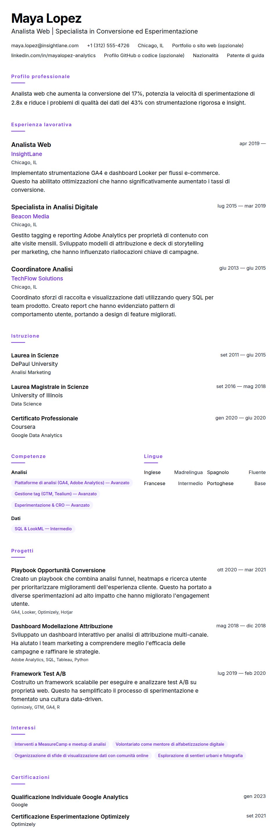 Anteprima del curriculum Esempio di Curriculum Analista Web