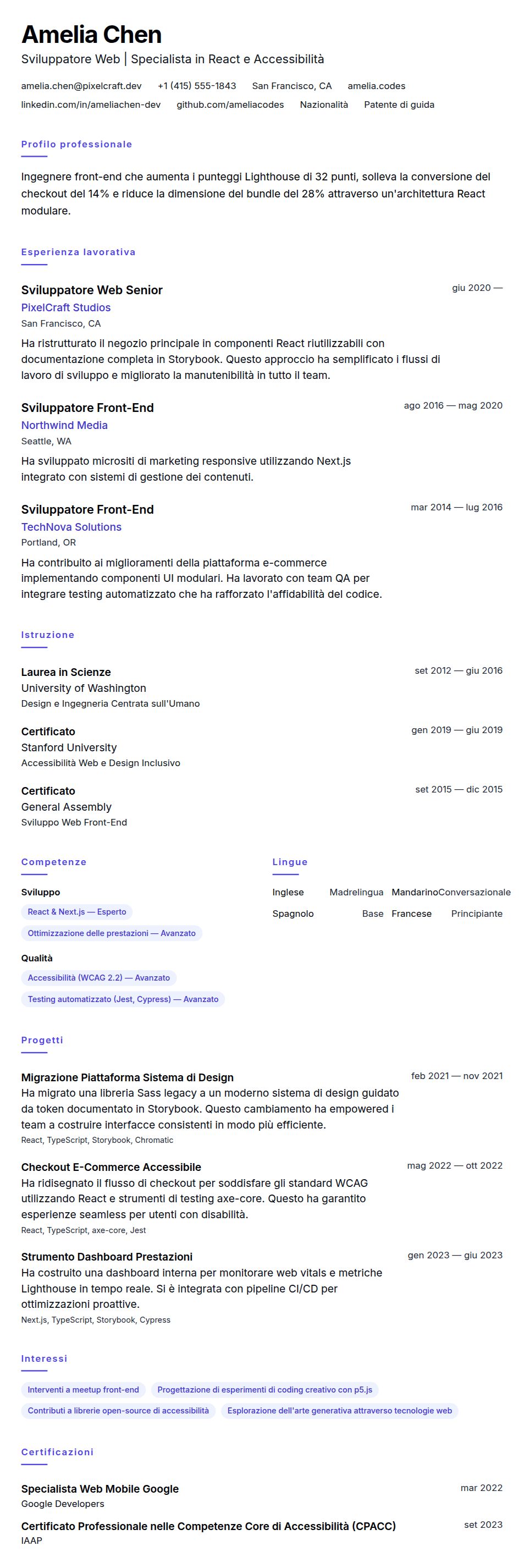 Anteprima del curriculum Esempio di Curriculum Sviluppatore Web