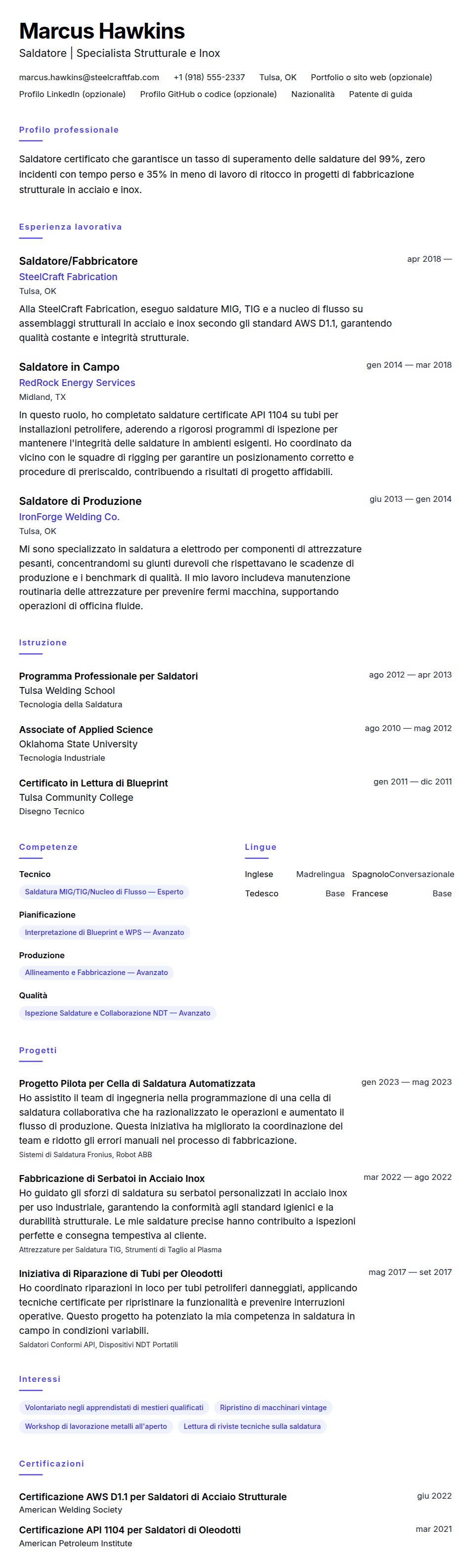 Anteprima del curriculum Esempio di Curriculum Vitae per Saldatore