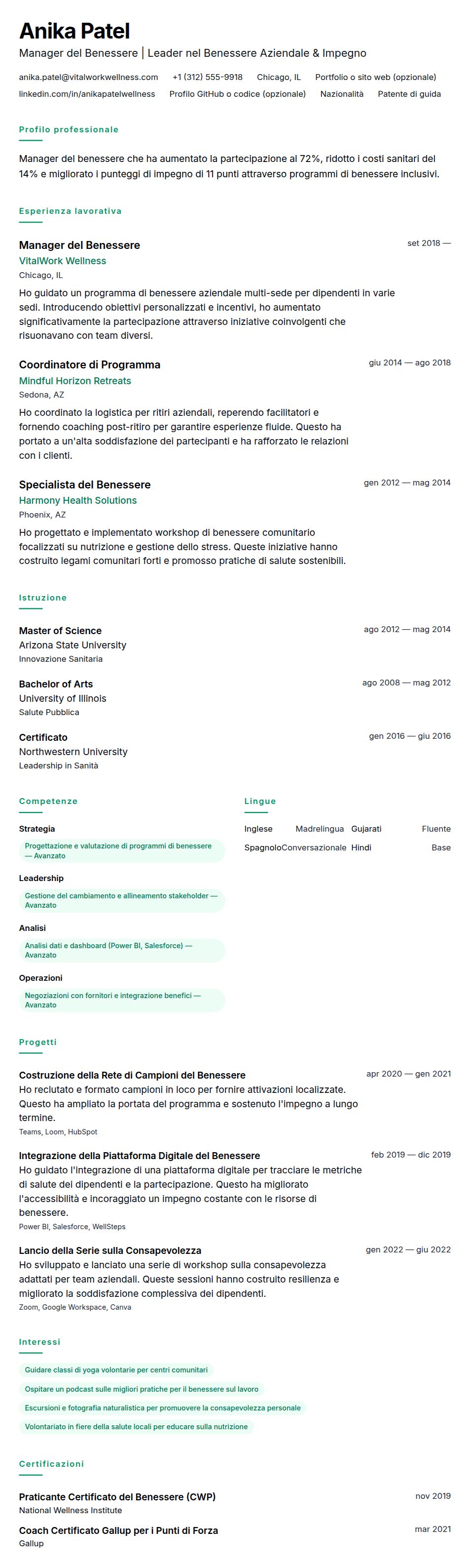 Anteprima del curriculum Esempio di Curriculum Vitae per Manager del Benessere