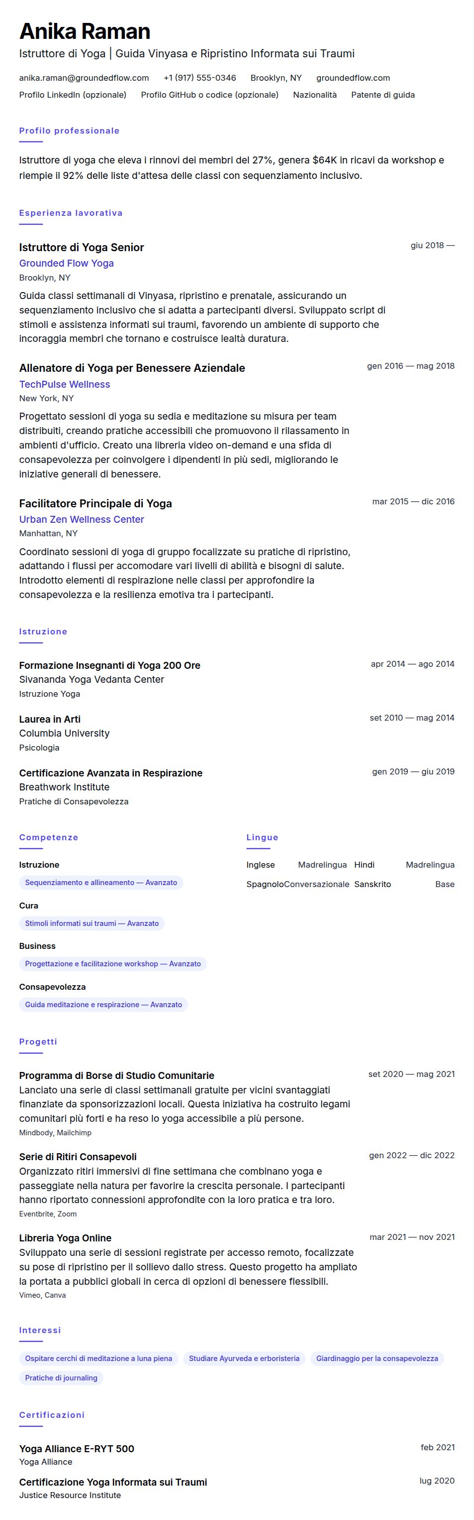 Esempio di Curriculum Vitae per Istruttore di Yoga