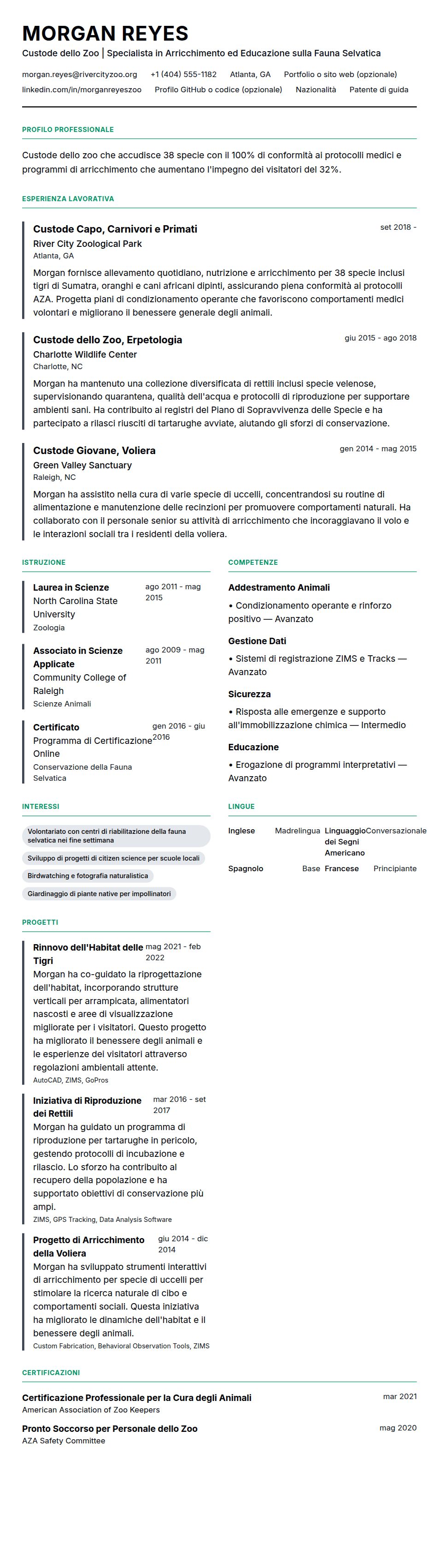 Anteprima del curriculum Esempio di Curriculum per Custode dello Zoo