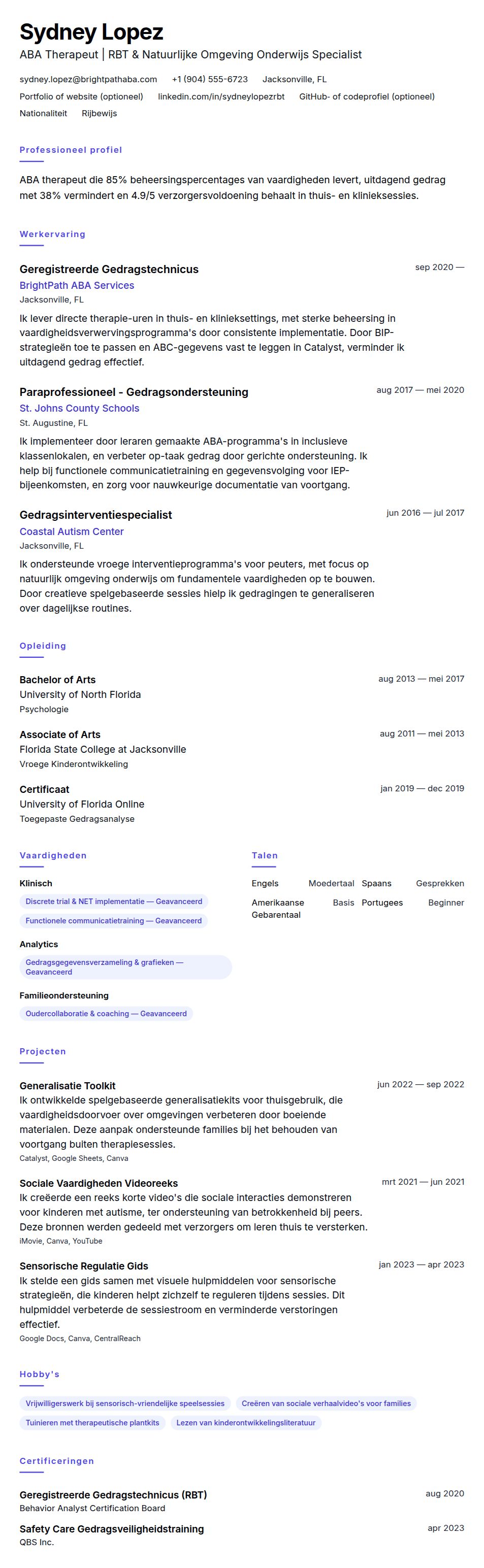 Cv-voorvertoning voor ABA Therapeut CV Voorbeeld