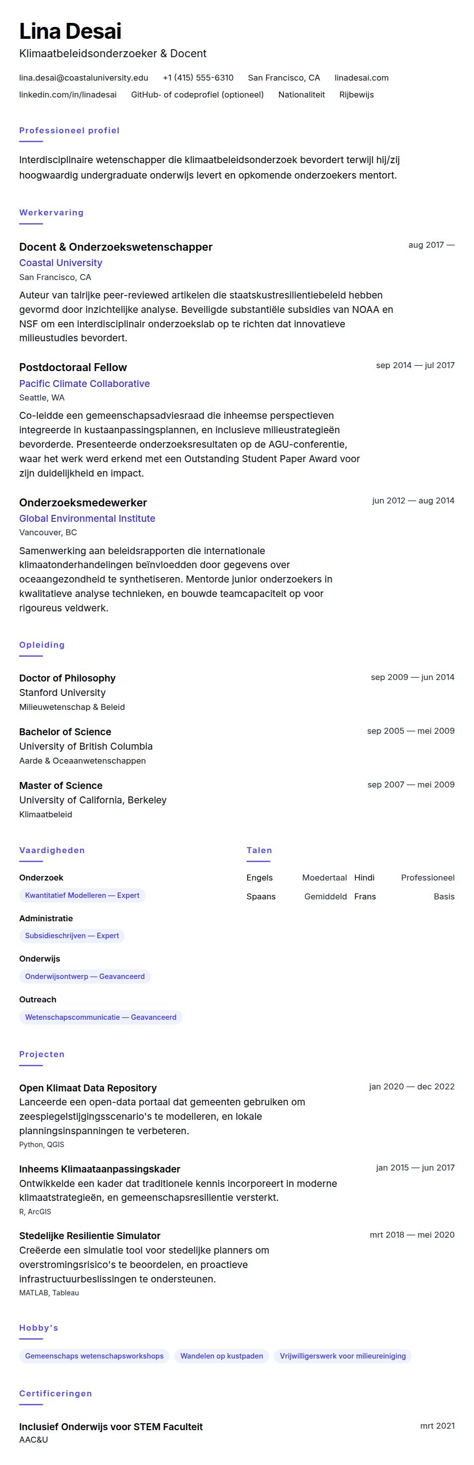 Cv-voorvertoning voor Voorbeeld Academisch CV
