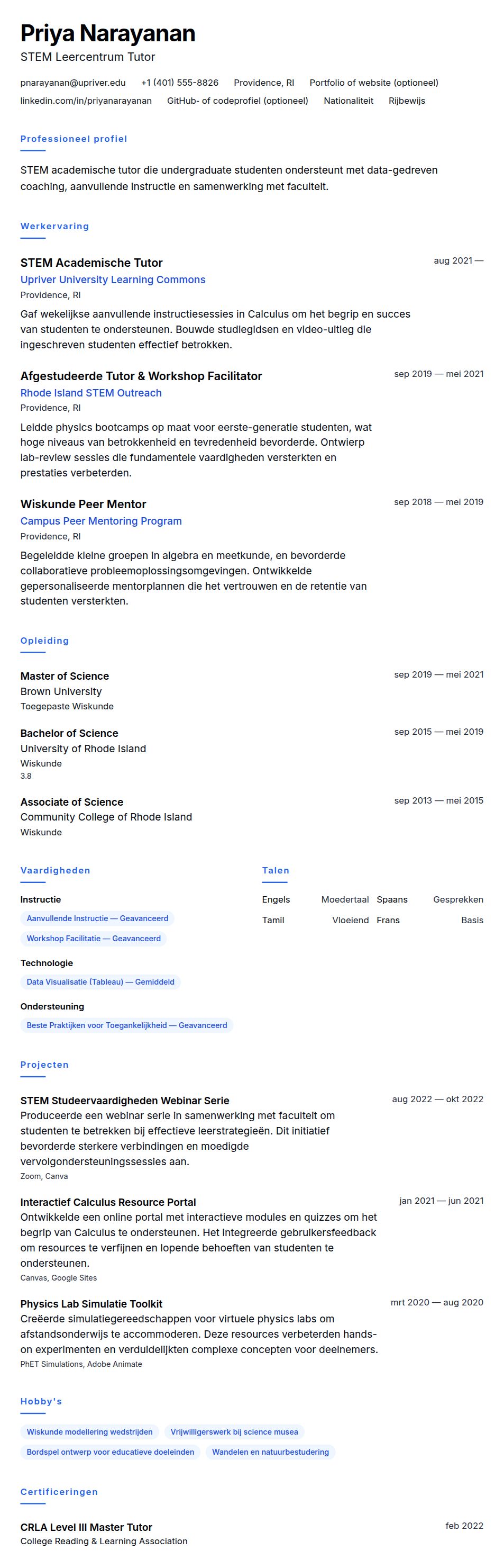 Cv-voorvertoning voor Voorbeeld Academische Tutor CV