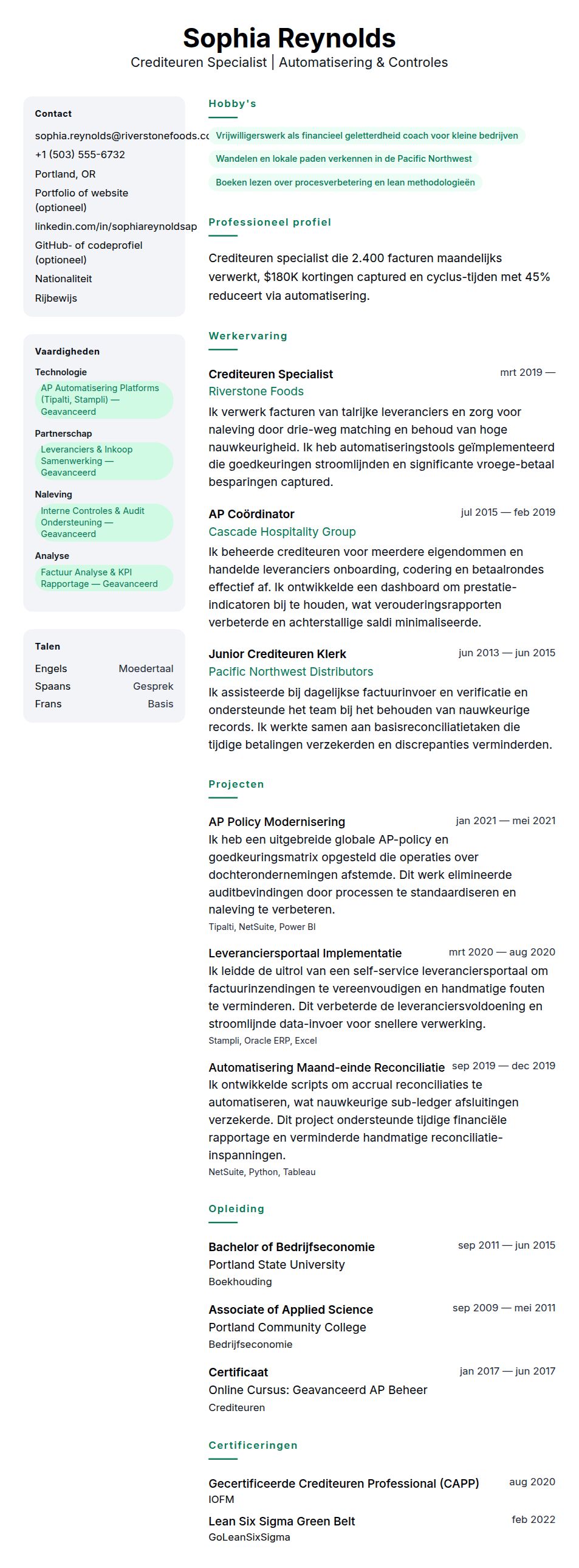 Cv-voorvertoning voor Crediteuren Specialist CV Voorbeeld
